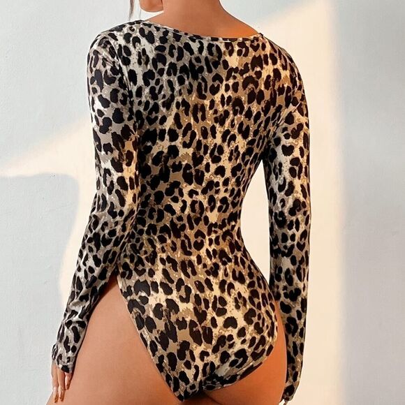 Leopard Print Long Sleeve Bodysuit Beige Brown | Sexy Animal Print Top Size S - Picture 7 of 10
